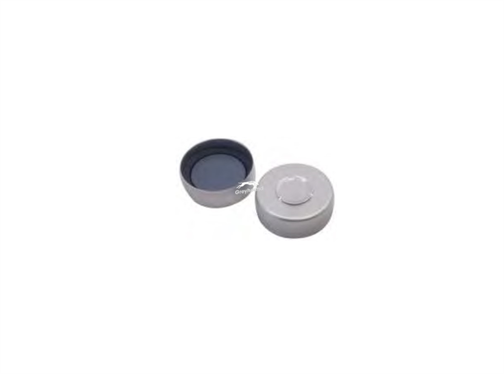 Picture of 20mm Aluminium Centre Tear Off Crimp Cap (Silver), with Pre-fitted Pharma-Fix Moulded Grey PTFE/Butyl Septa, 3mm, (Shore A 50)